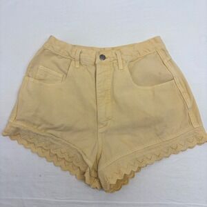 Vtg 90s Paris Sport Club Denim Shorts Women 9 Butter Yellow Scalloped Cottage